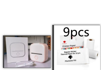 Phomemo T02 mini printer in white, pink, green, blue, or yellow.
