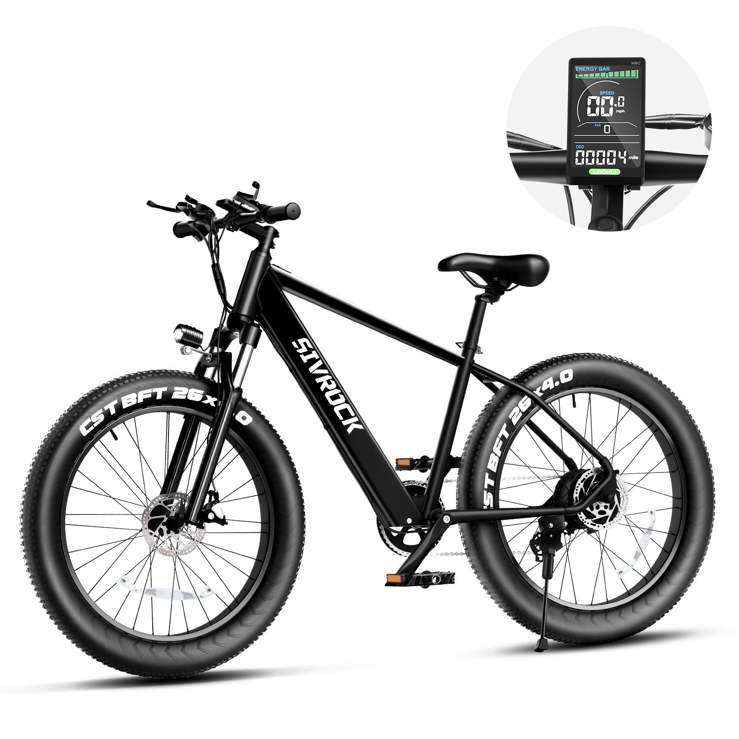 Sivrock bike with dual disc brakes and adjustable seat, highlighting its safety and comfort.