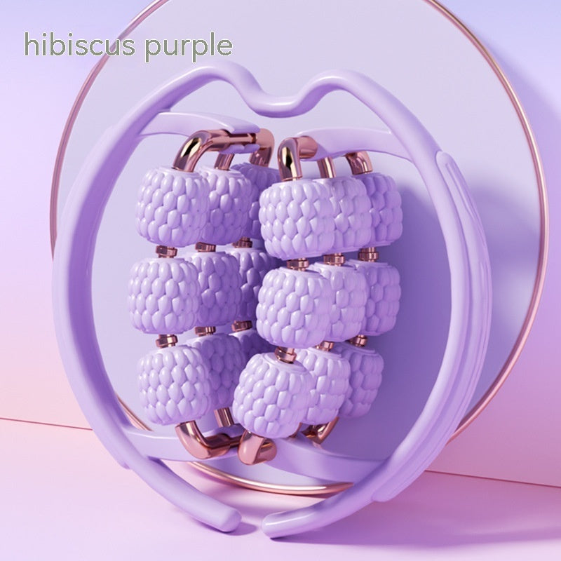 Eco-friendly silicone massager for tired legs, available in purple or pink, includes soothing roller.