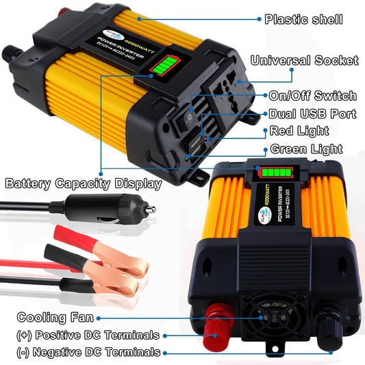Car Inverter Efficient Power Conversion: Converts 10-15V DC to 220V/110V AC with 90% efficiency for reliable performance.