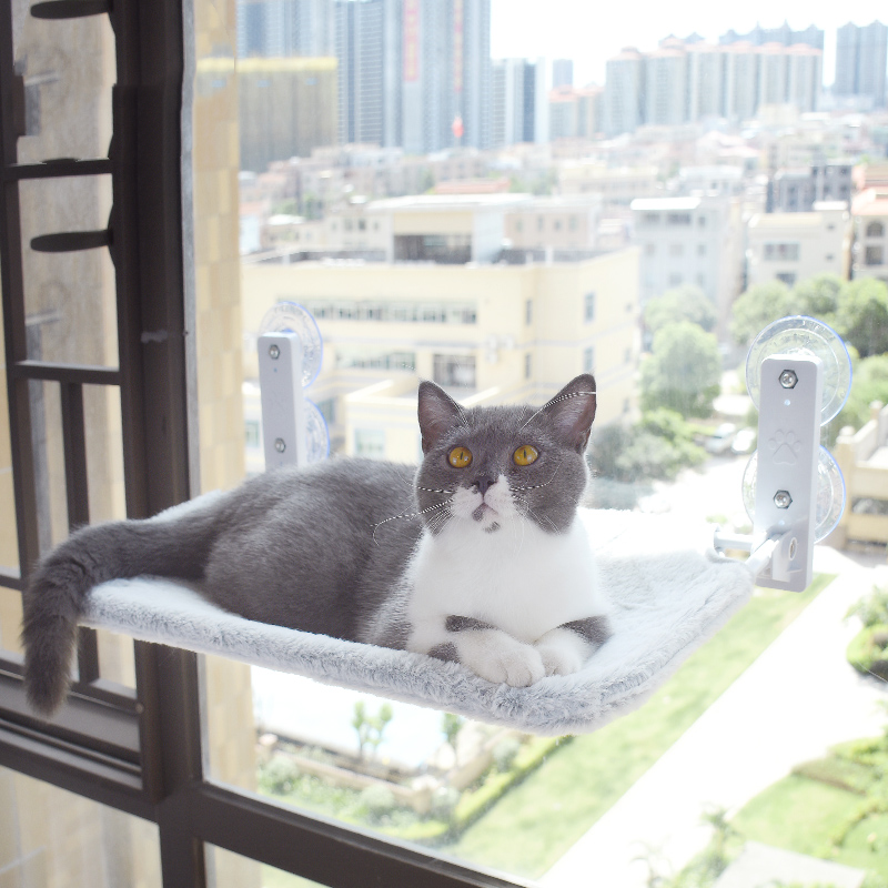 Suction cup cat hammock in a minimalist style with plush fabric and breathable mesh.