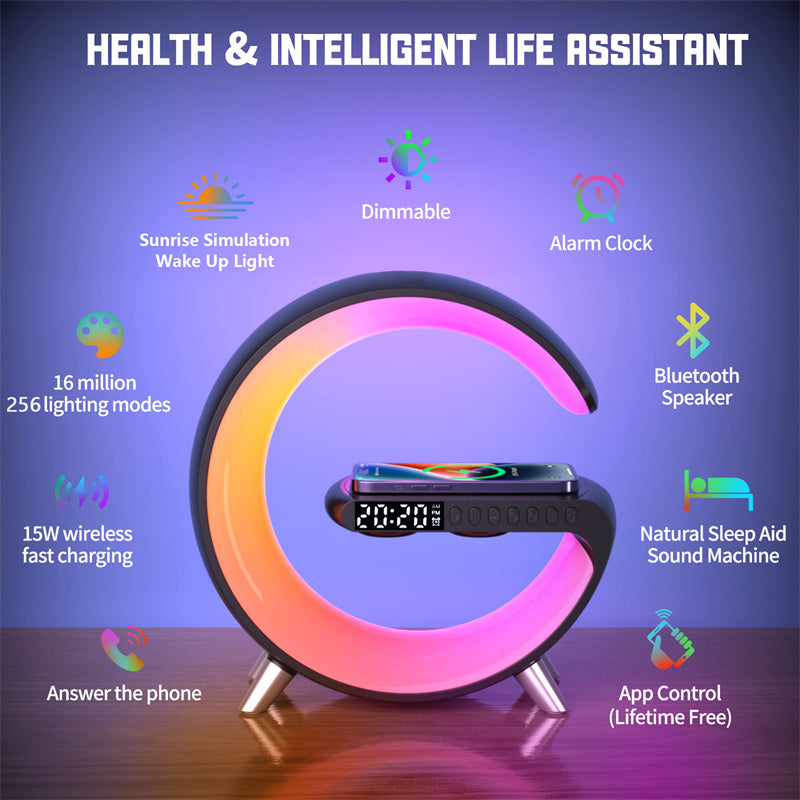 Smart Lamp versatile device combining lighting, audio, and charging.