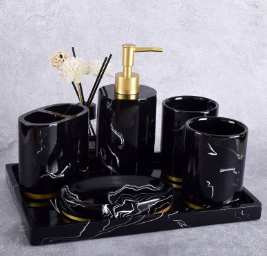 Elegant ceramic bathroom set with decal treatment, crafted from high-quality porcelain and clay.