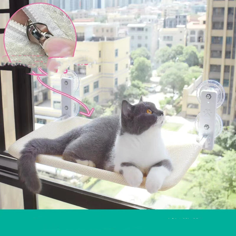Plush fabric cat hammock with a steel frame and breathable mesh for ultimate comfort.