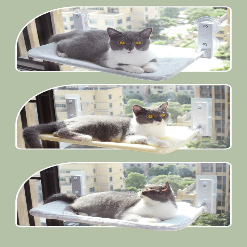 Stylish cat hammock featuring plush fabric, breathable mesh, and a suction cup mount.