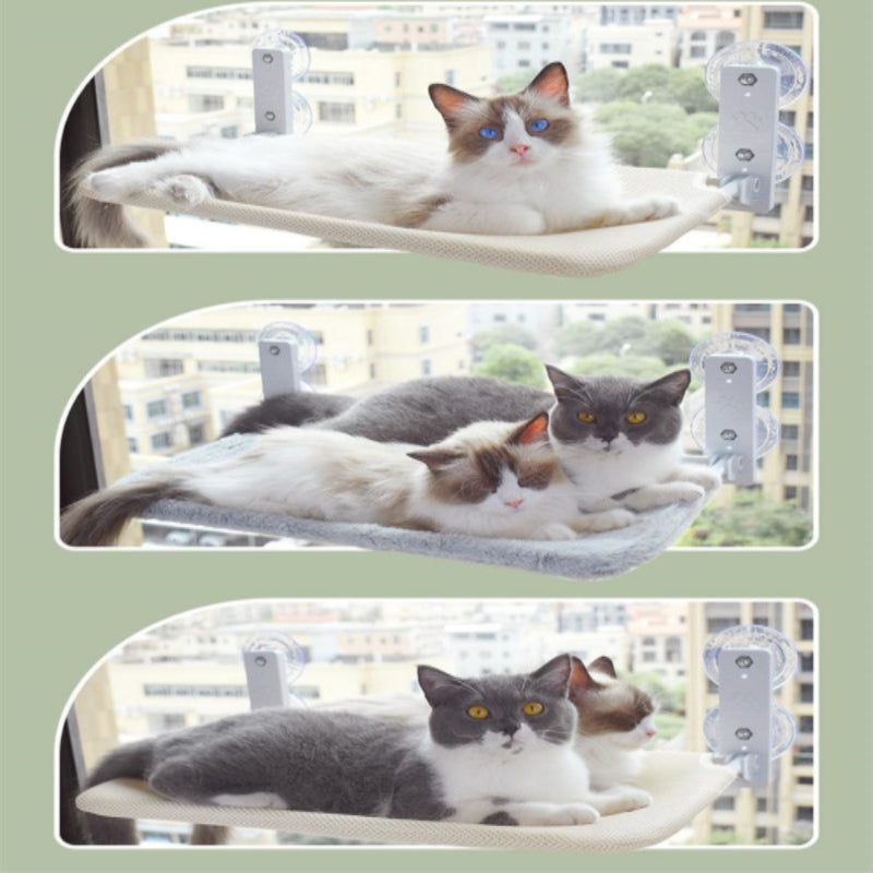 Cozy cat bed hammock with plush fabric and steel frame, mounted by suction cups.