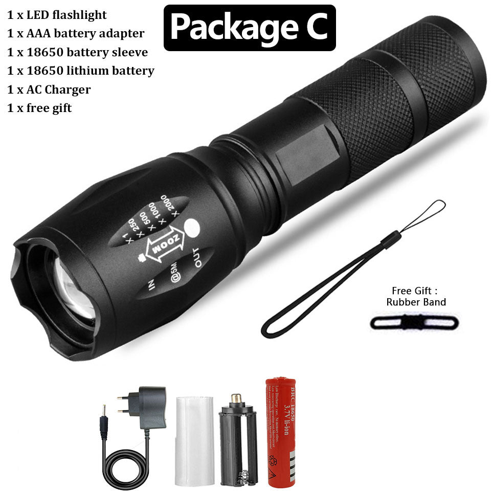 Flashlight featuring strong, medium, weak, strobe, and SOS settings. 