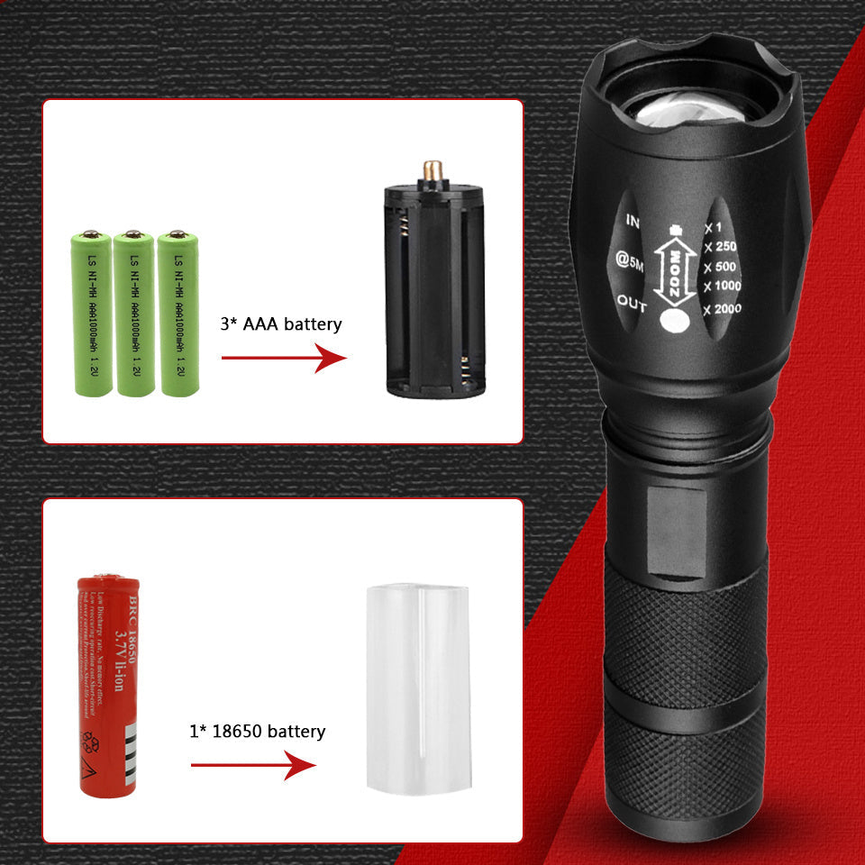 Portable, black flashlight with a rugged aluminum alloy body for durability.
