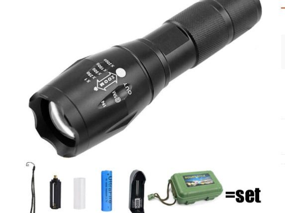 Durable aluminum alloy flashlight with 5 adjustable brightness modes.