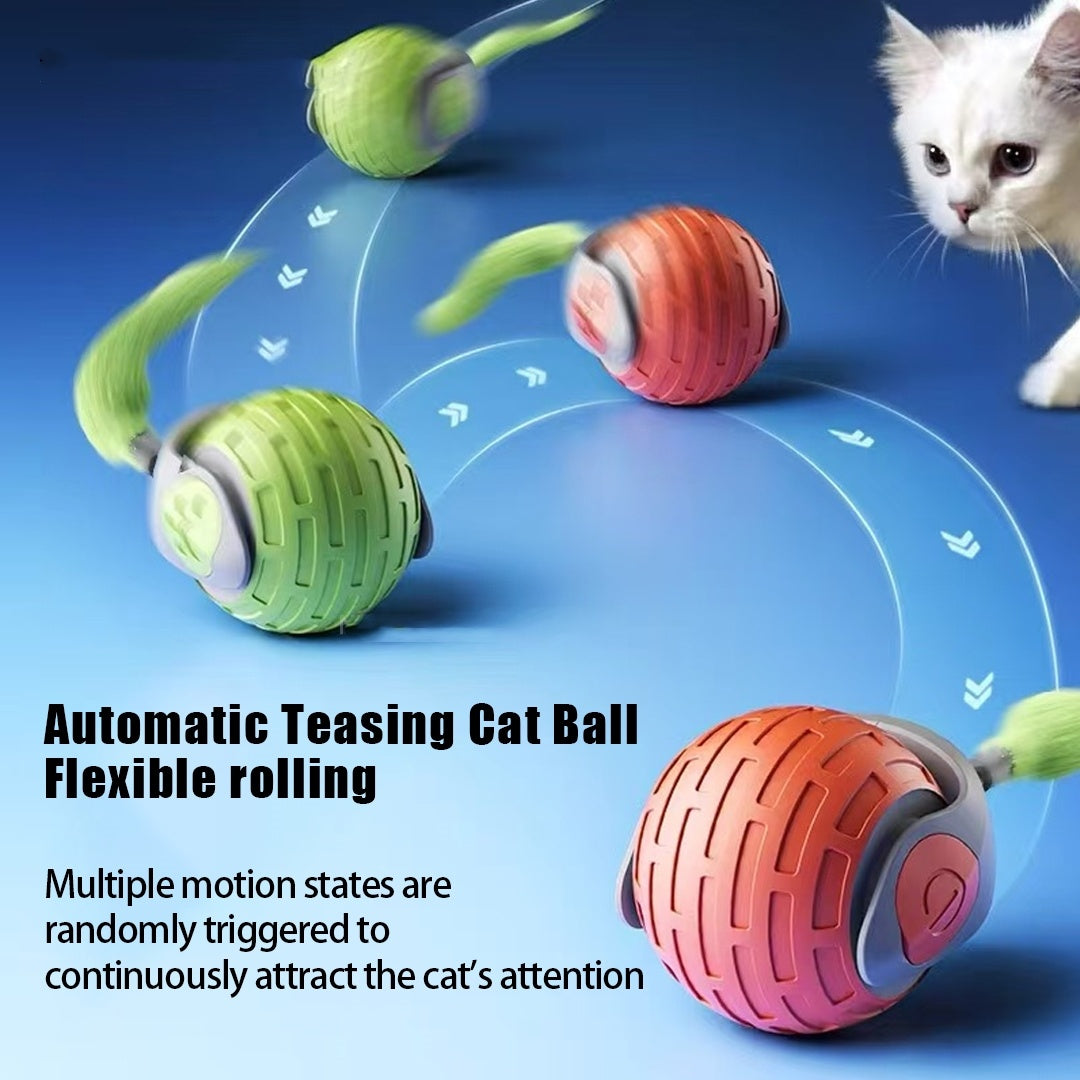 Automated rolling ball cat toy charging via USB cable.
