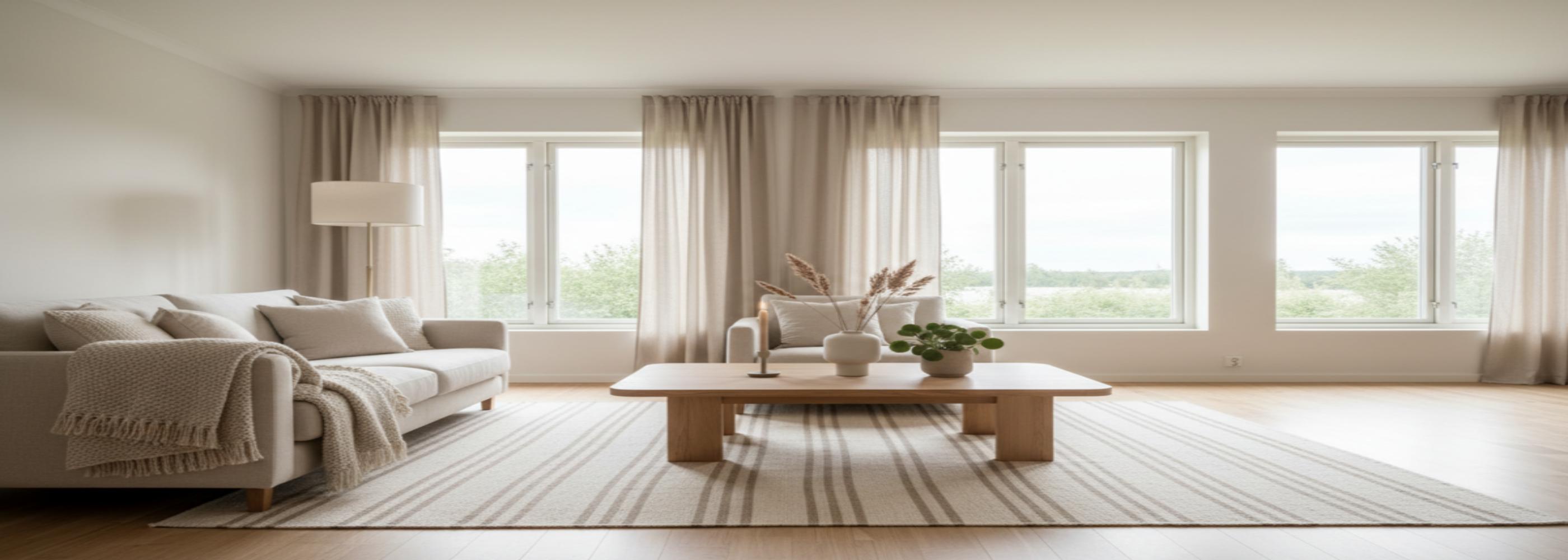 Modern living room with a sofa, coffee table, and large windows.