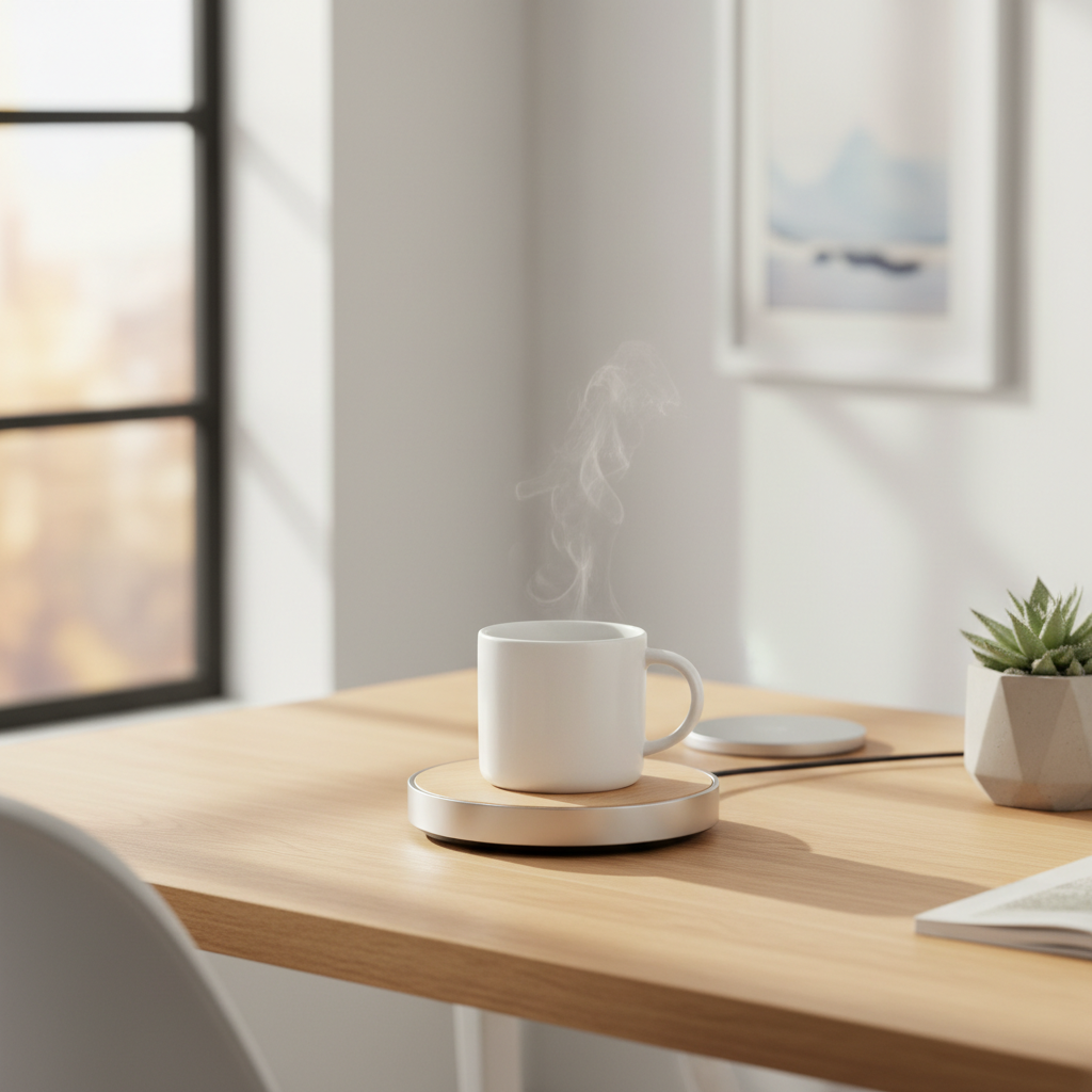 Smart electric mug warmer on minimalist desk lifestyle photo