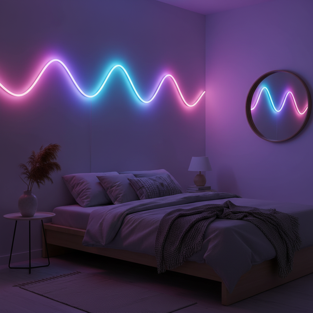 RGBIC neon rope light glowing in multicolor on bedroom wall lifestyle photo