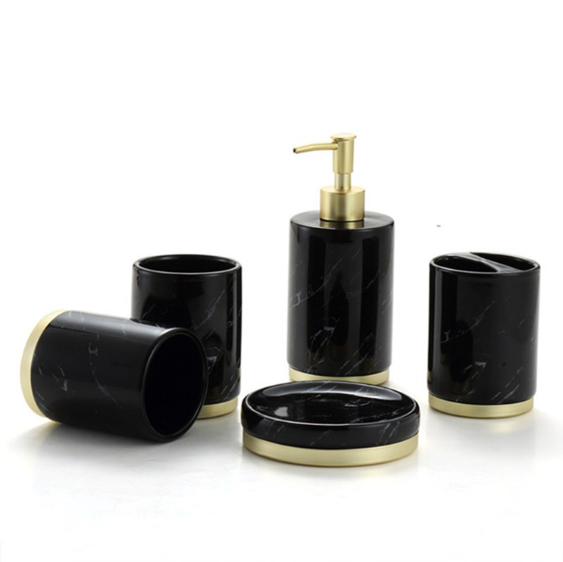 High-quality porcelain bathroom set with smooth, clean finish and decal details.