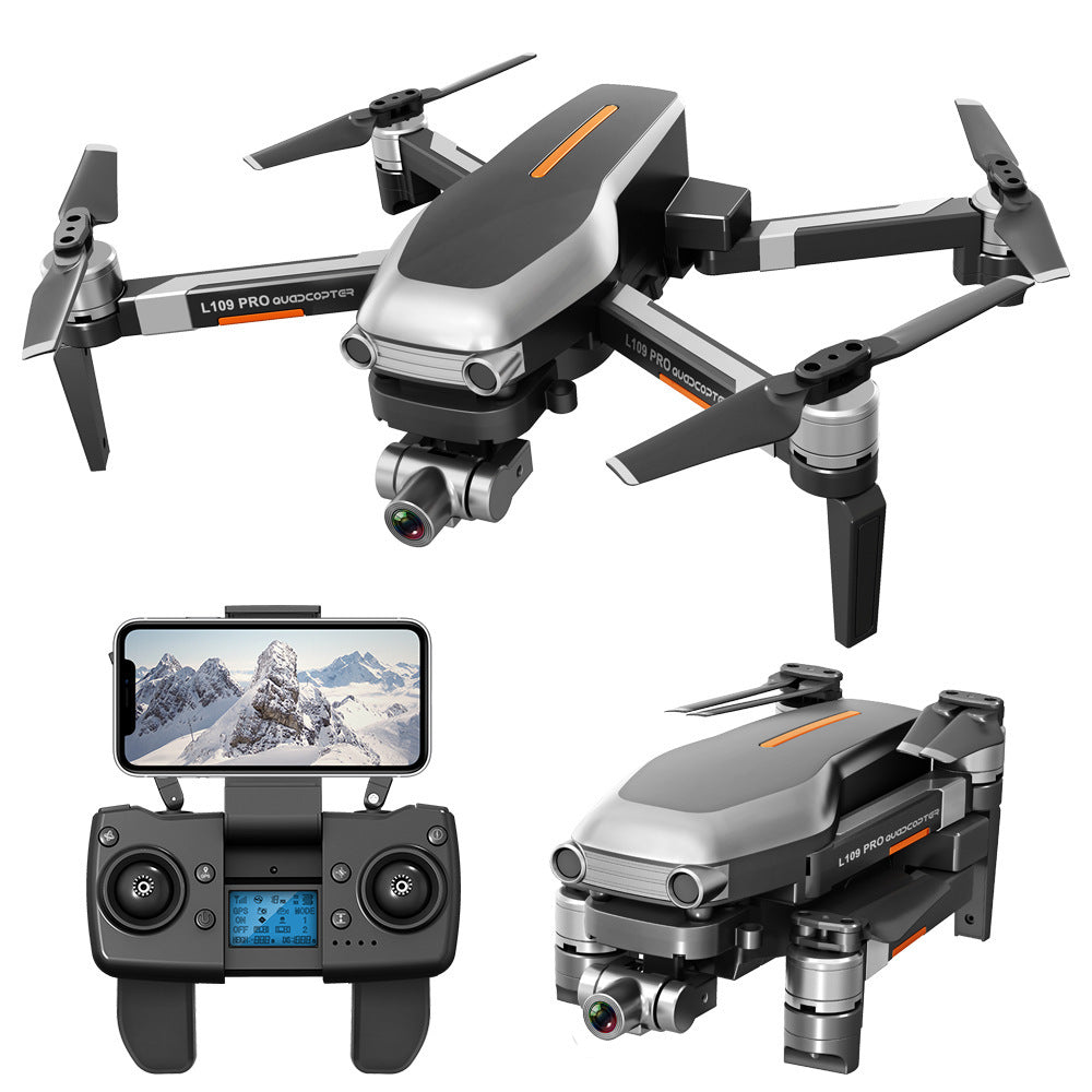 4K GPS drone capturing wide-angle aerial footage with gimbal stabilization.