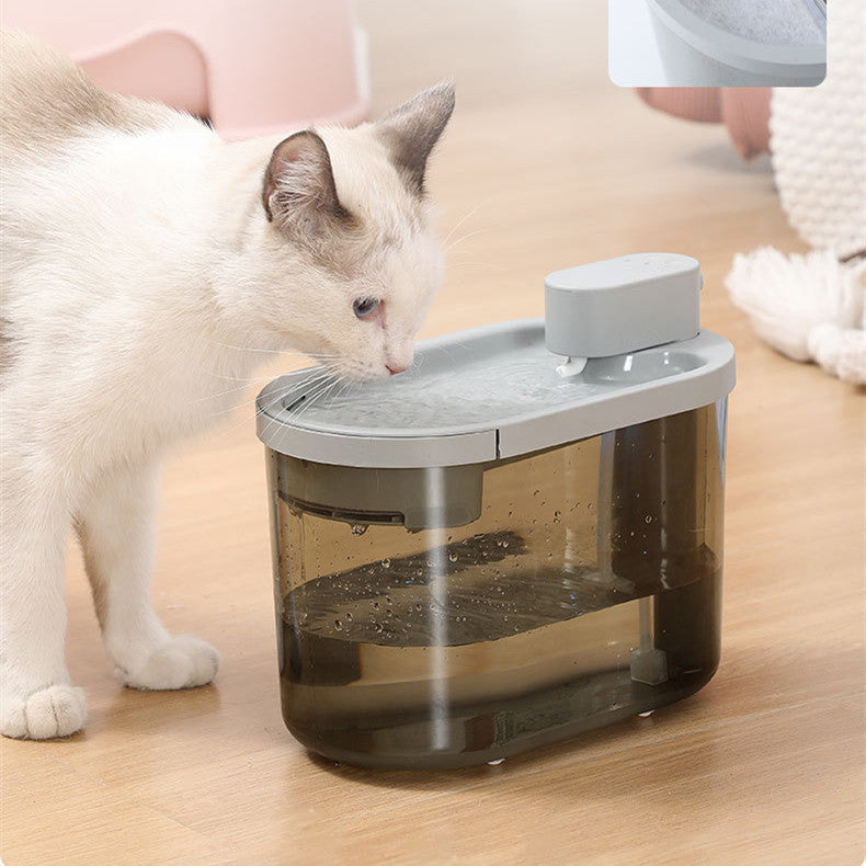 Rechargeable cat drinking fountain with sterilization feature in gray.